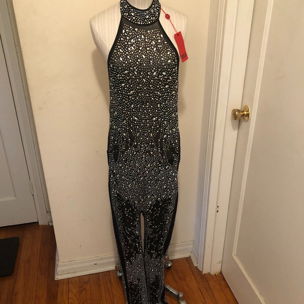 WOMEN SHEER BEADED ONE PIECE JUMPSUIT